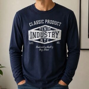 Livergy Mens LS 100% Cotton Graphic T-Shirt Navy Blue Denim Industry NYC Size L